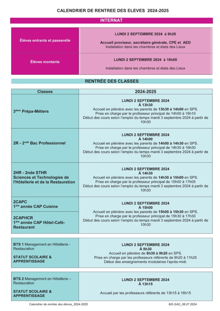 Rentree 2024. dates et horaires1