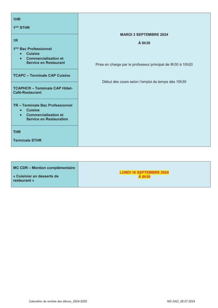 Rentree 2024. dates et horaires2