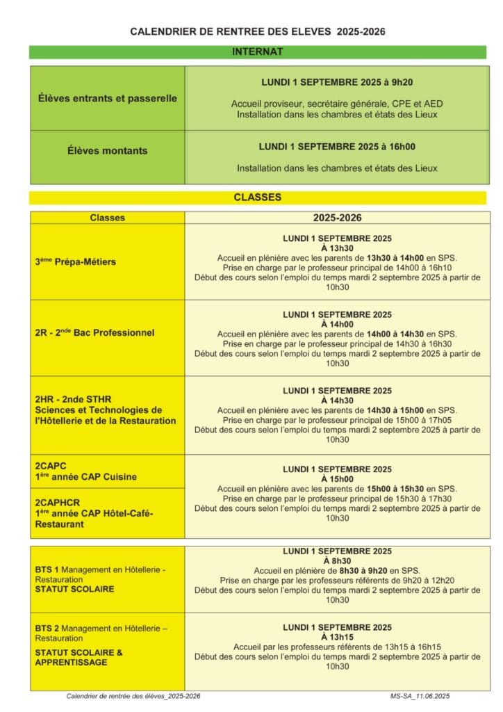 Horaires de rentree 2025 1