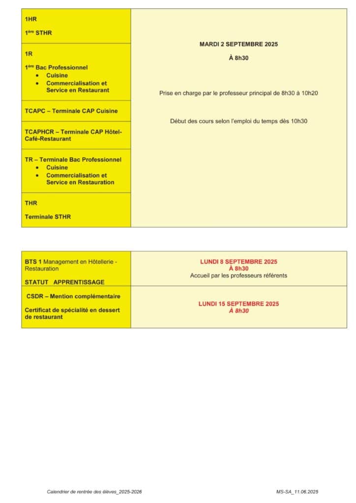 Horaires de rentree 2025 2